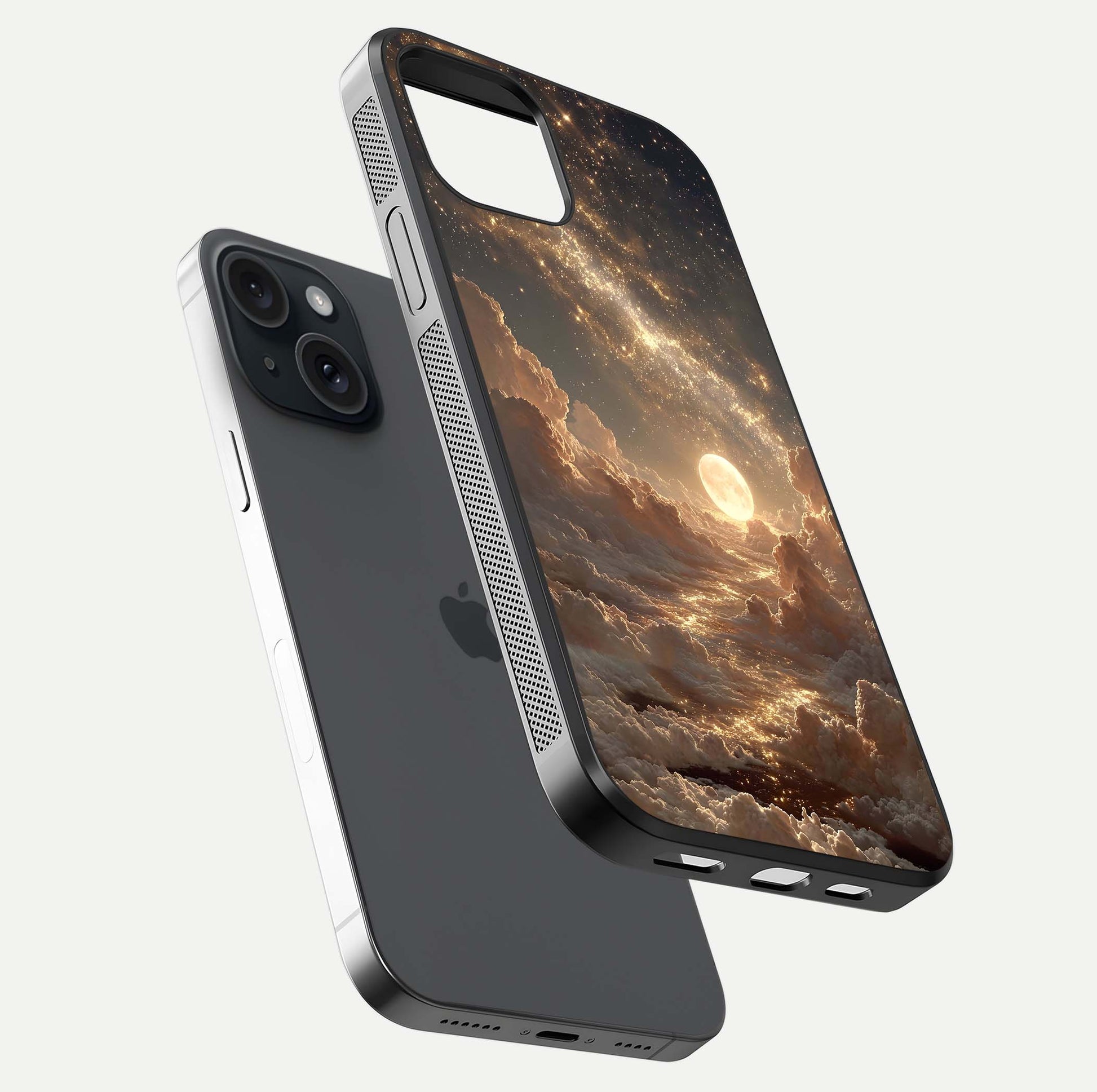 Golden Sky Dream Glass Case for iPhone 15 floating dual-view mockup showing gloss depth and elegant finish