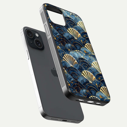 Golden Wave Luxe Glass Case for iPhone 15 floating dual-view mockup showing gloss surface and shimmering tones