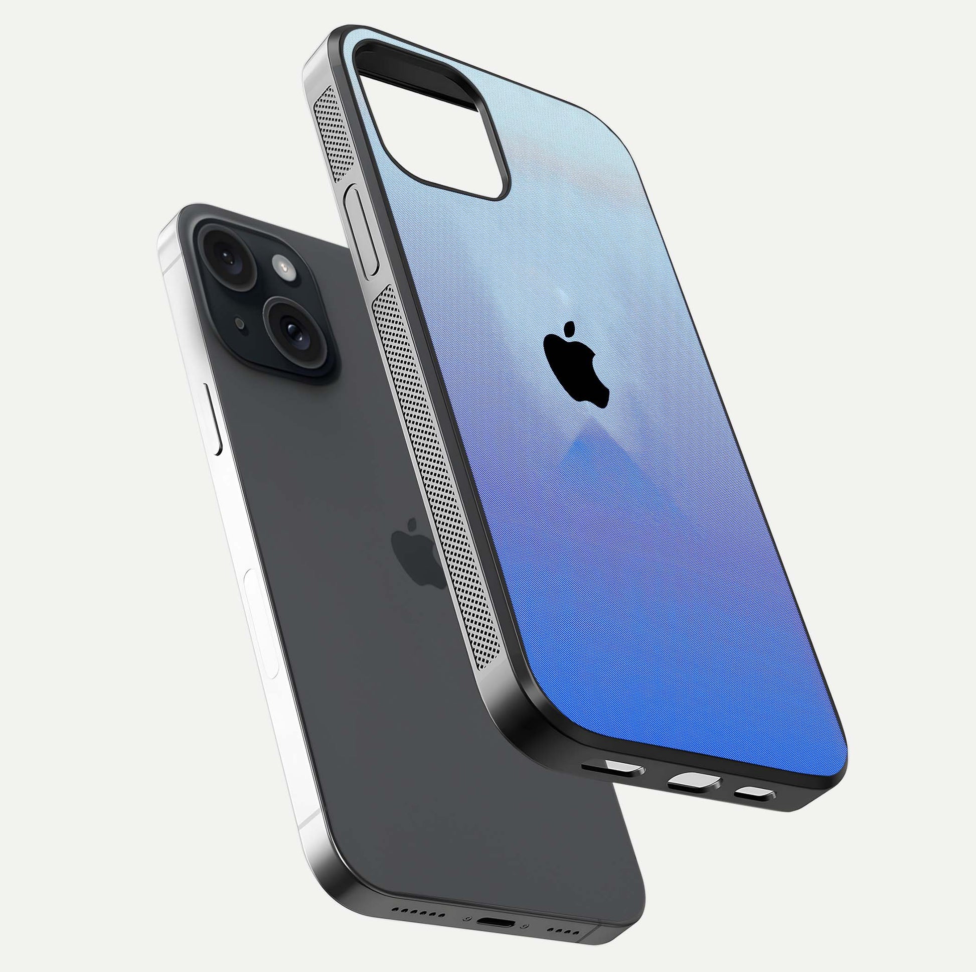 Gradient Apple Vibe Glass Case for iPhone 15 floating dual-view mockup showing gloss polish and gradient blend