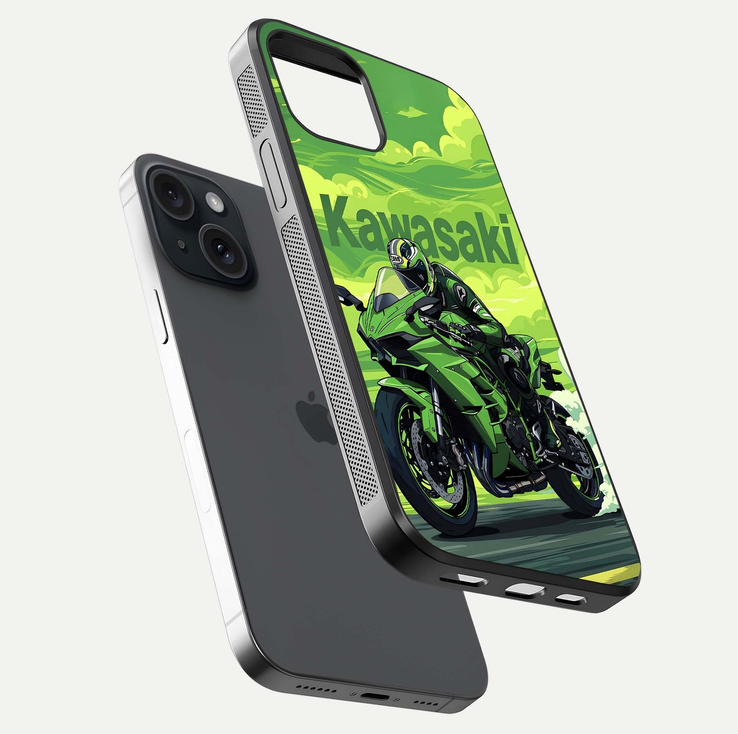 Green Kawasaki Glass Case for iPhone 15 floating dual-view mockup showing gloss surface and power-bike theme