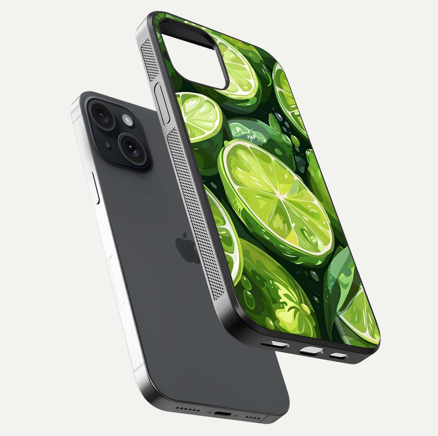 Green Lemon Glass Case for iPhone 15 floating dual-view mockup showing glossy surface and fruity freshness