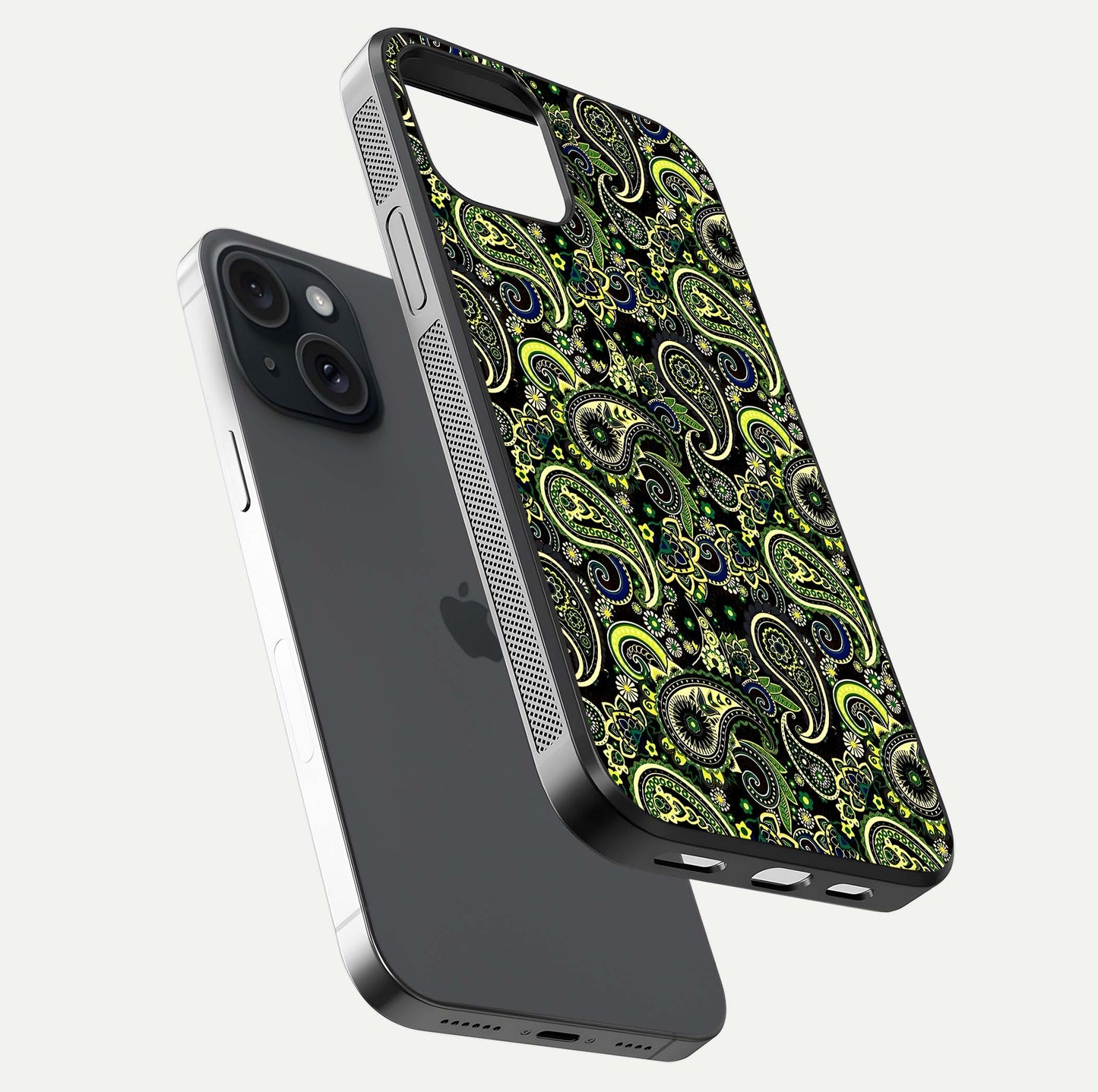 Green Mandala Pattern Glass Case for iPhone 15 floating dual-view mockup showing gloss texture and symmetry shine