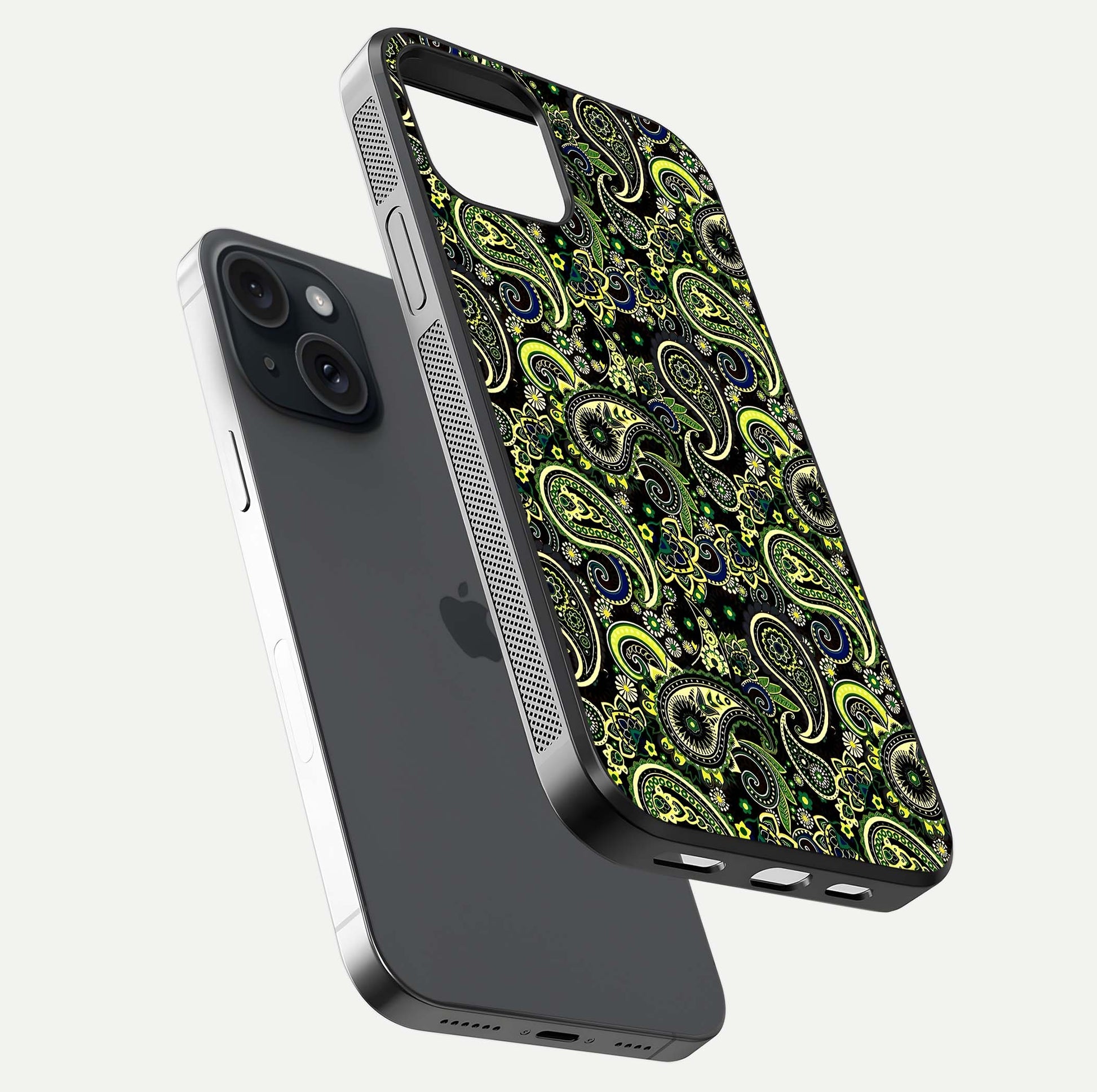 Green Mandala Pattern Glass Case for iPhone 15 floating dual-view mockup showing gloss texture and symmetry shine