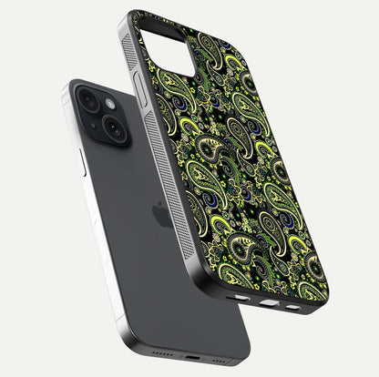 Green Mandala Pattern Glass Case for iPhone 15 floating dual-view mockup showing gloss texture and symmetry shine
