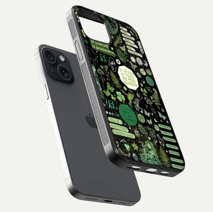 Green Moon Energy Glass Case for iPhone 15 floating dual-view mockup showing glossy texture and energy aura