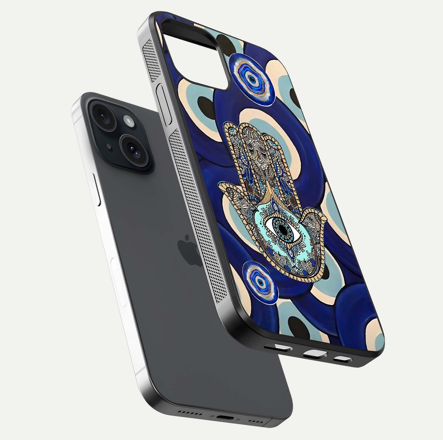 Hamsa Divine Guard Glass Case for iPhone 15 floating dual-view mockup showing gloss shine and mystical pattern