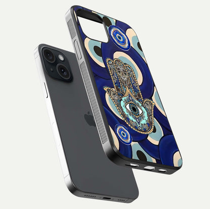 Hamsa Divine Guard Glass Case for iPhone 15 floating dual-view mockup showing gloss shine and mystical pattern