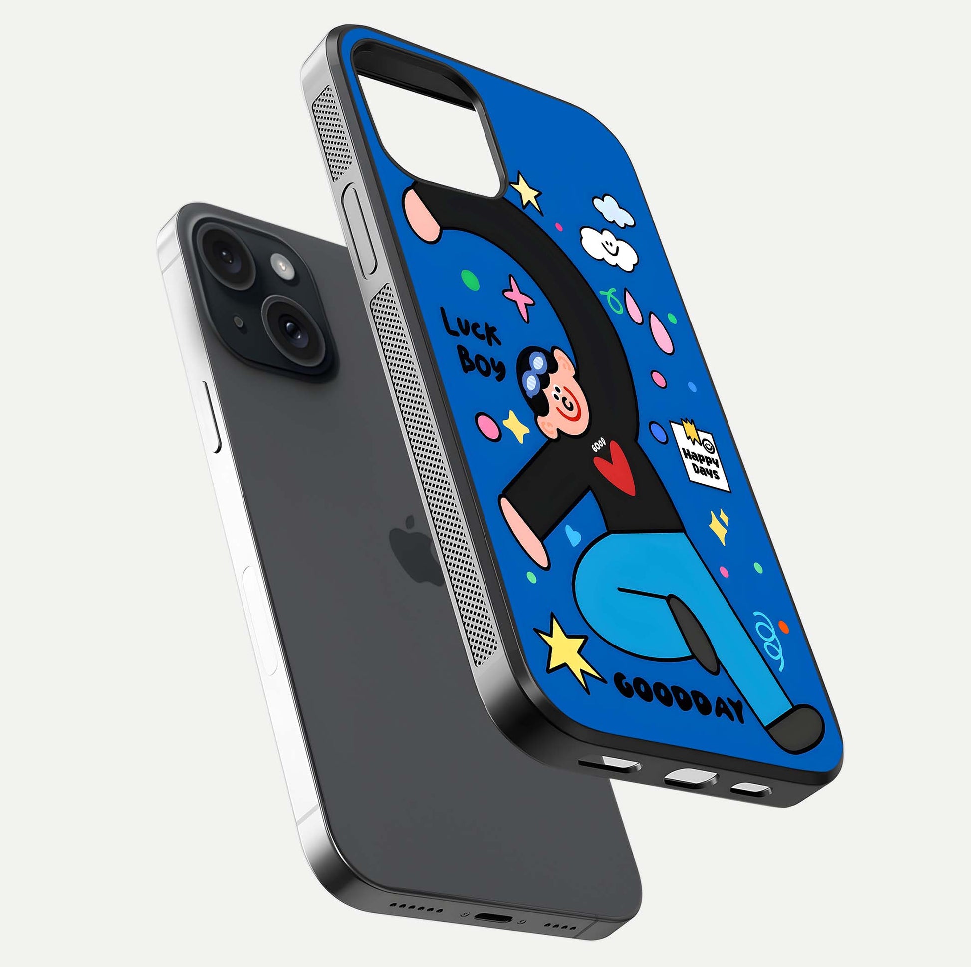 Happy Luck Vibe Glass Case for iPhone 15 floating dual-view mockup showing glossy tone and bright finish