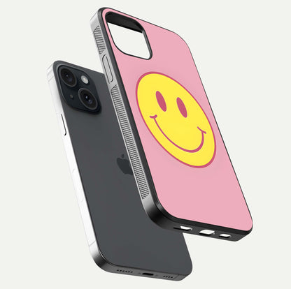 Happy Pink Mood iPhone 15  glass phone case floating view emphasizing glossy finish and joyful color palette