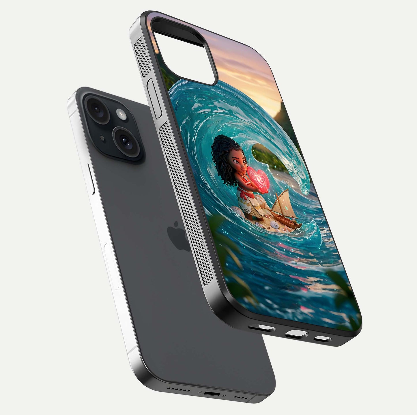 Heart of Ocean Glass Case for iPhone 15 floating dual-view mockup showing gloss surface and aquatic design