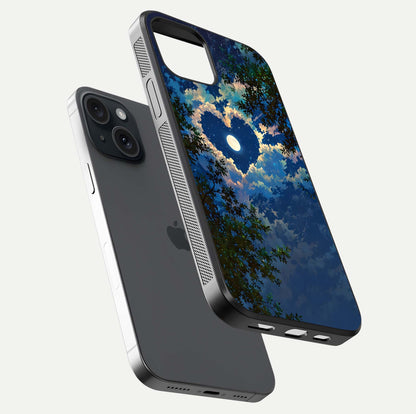 Heart with Moon Sky Glass Case for iPhone 15 floating dual-view mockup showing gloss texture and romantic sky glow