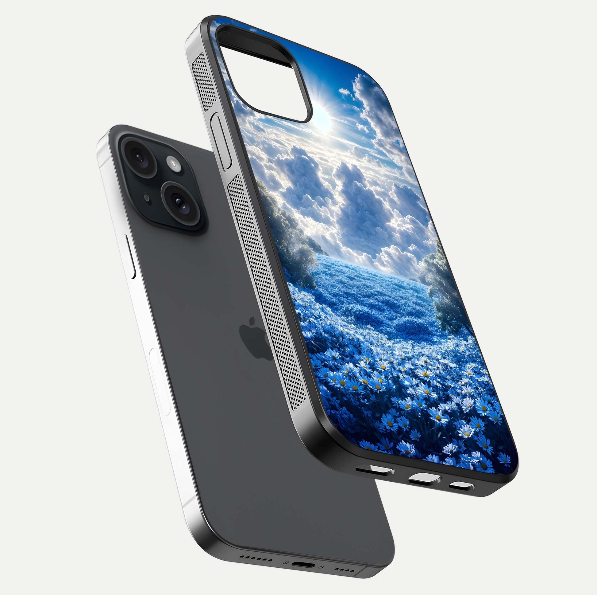 Heavenly Daisy Horizon Glass Case for iPhone 15 floating dual-view mockup showing gloss polish and soft pastel background