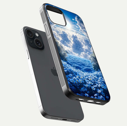 Heavenly Daisy Horizon Glass Case for iPhone 15 floating dual-view mockup showing gloss polish and soft pastel background