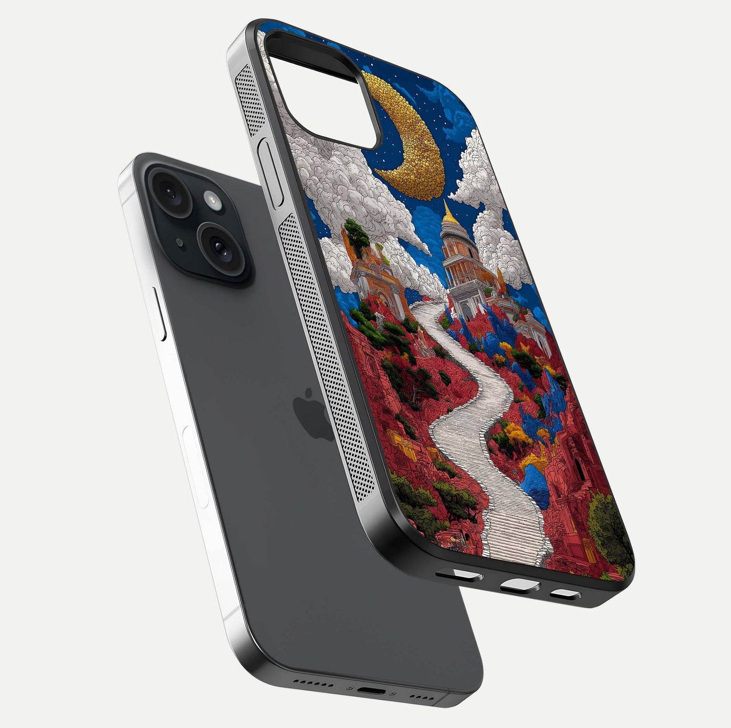 Heavenly Moon Path Glass Case for iPhone 15 floating dual-view mockup showing gloss surface and celestial pathway