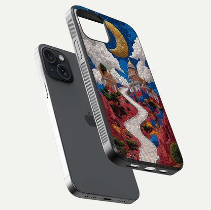 Heavenly Moon Path Glass Case for iPhone 15 floating dual-view mockup showing gloss surface and celestial pathway