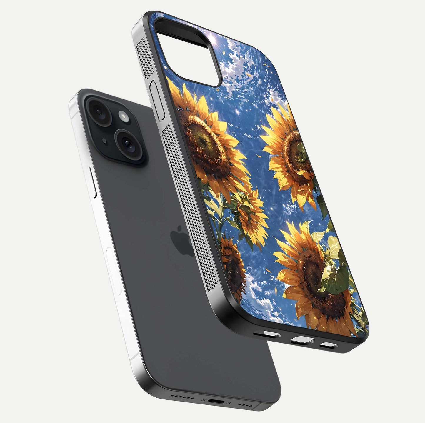 Heavenly Sunflower Rise Glass Case for iPhone 15 floating dual-view mockup showing gloss brightness and morning-light feel