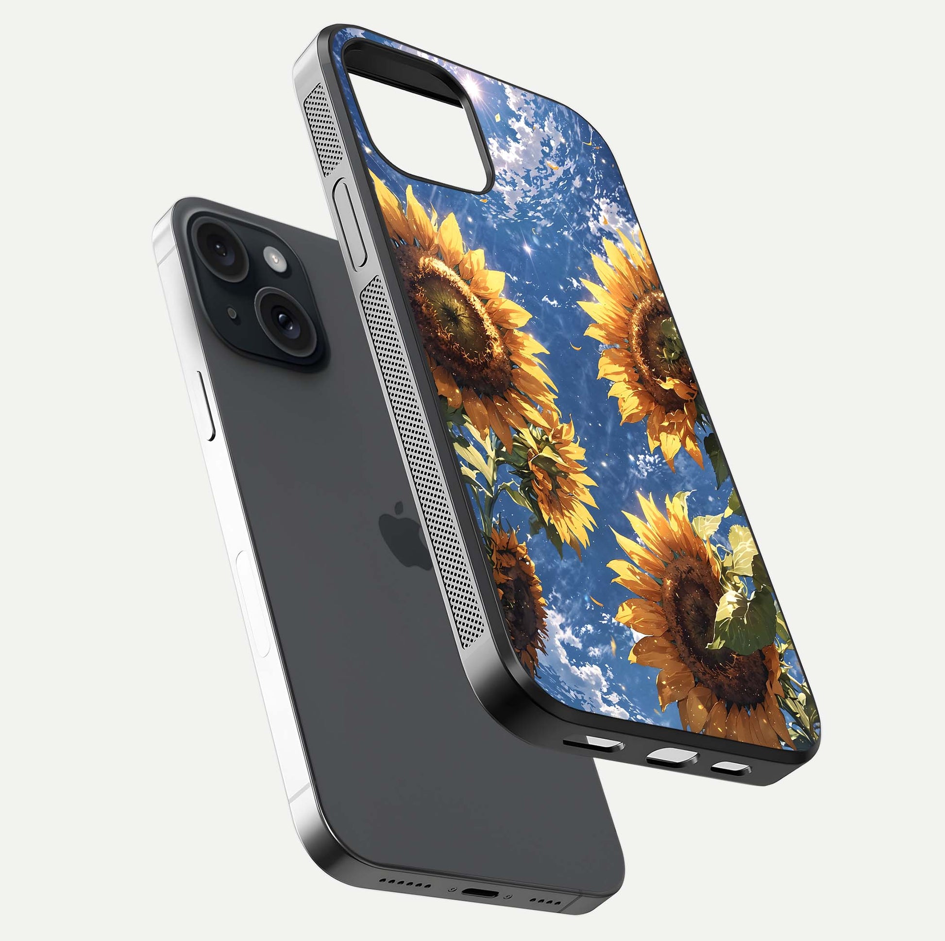 Heavenly Sunflower Rise Glass Case for iPhone 15 floating dual-view mockup showing gloss brightness and morning-light feel