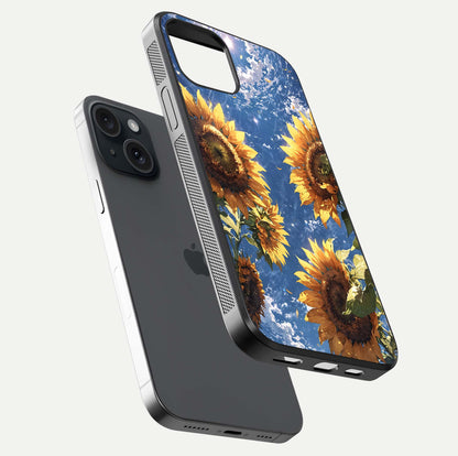 Heavenly Sunflower Rise Glass Case for iPhone 15 floating dual-view mockup showing gloss brightness and morning-light feel