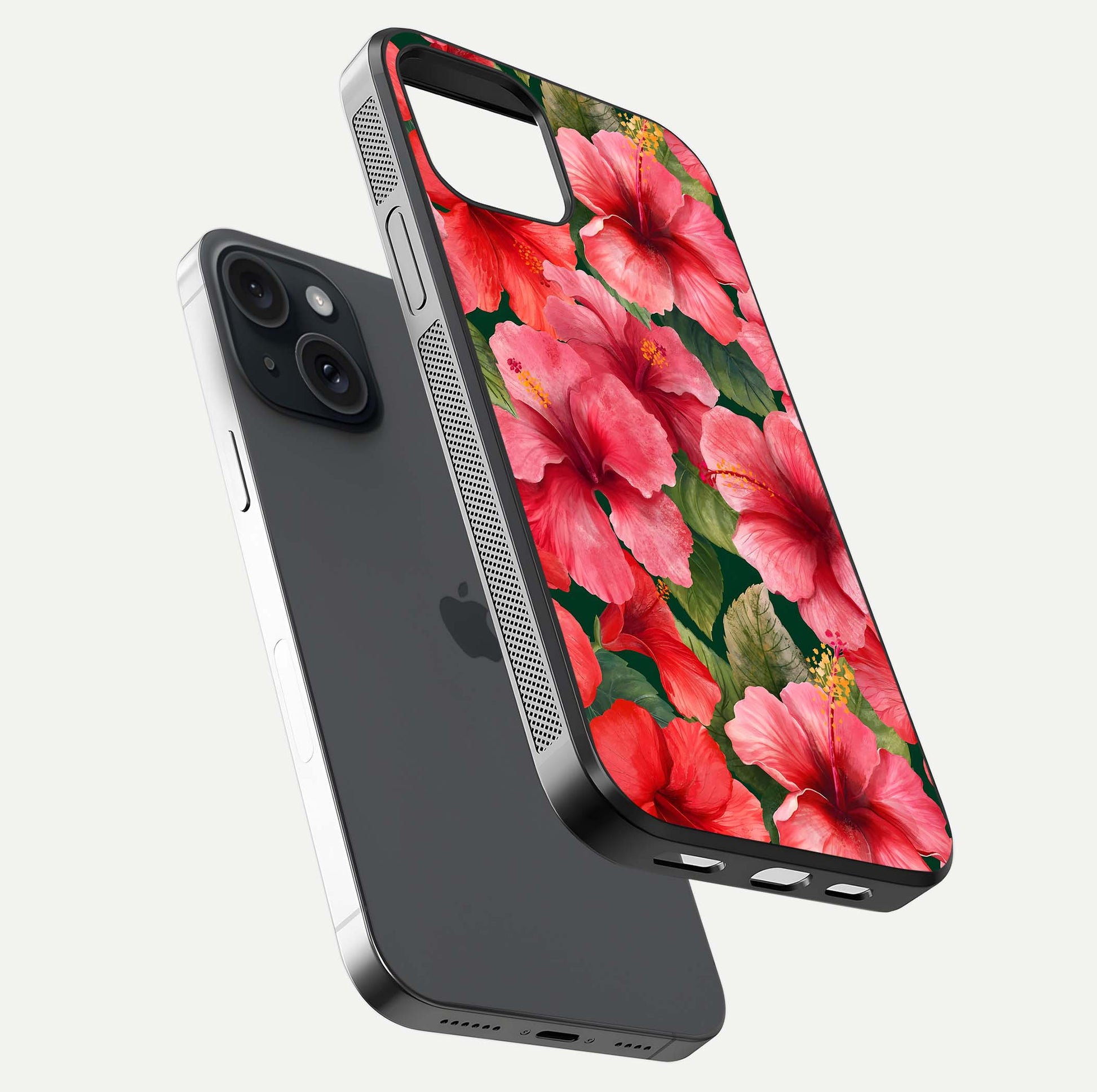 Hibiscus Pattern Glass Case for iPhone 15 floating dual-view mockup showing glossy texture and vivid color depth