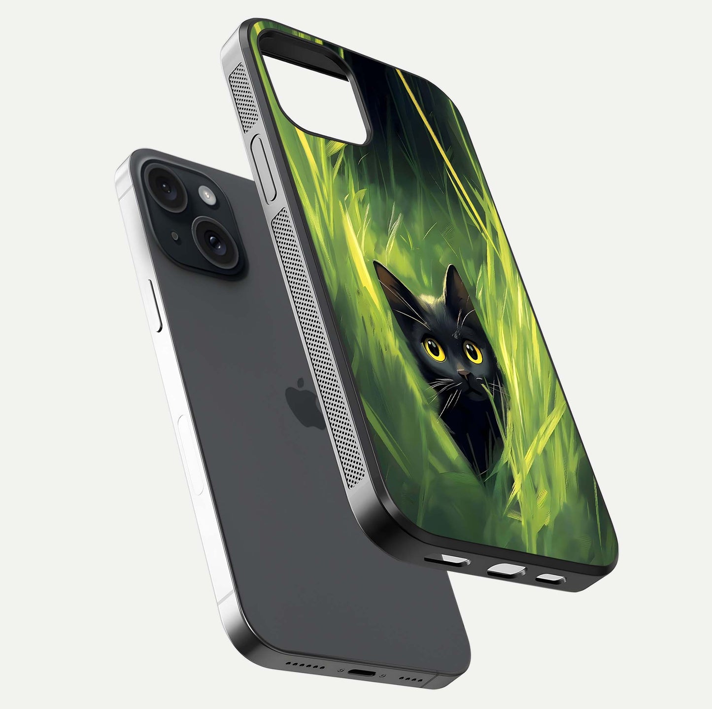 Hidden Cat Whisper Glass Case for iPhone 15 floating dual-view mockup showing glossy tone and elegant cat silhouette