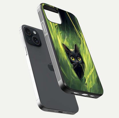 Hidden Cat Whisper Glass Case for iPhone 15 floating dual-view mockup showing glossy tone and elegant cat silhouette