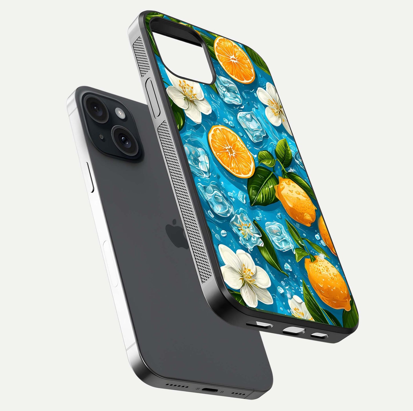 Ice Cube With Orange Glass Case for iPhone 15 floating dual-view mockup showing glossy shine and cool refreshing tone