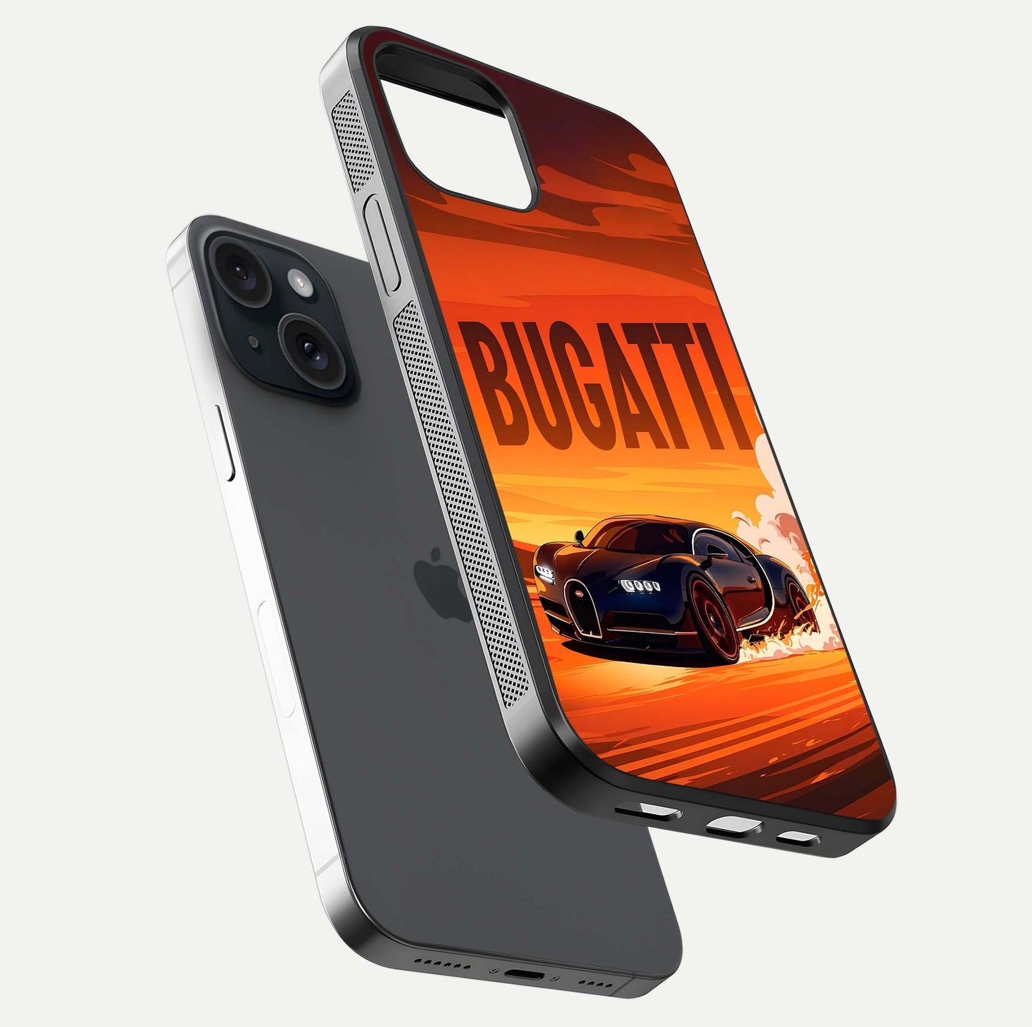 Inferno Bugatti Storm Glass Case for iPhone 15 floating dual-view mockup showing gloss surface and racing energy