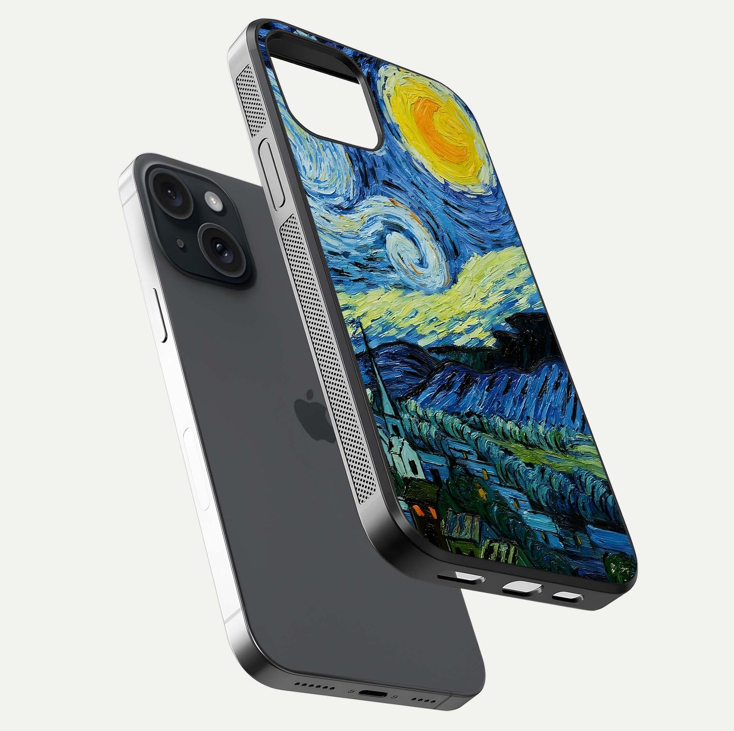 Inspired Van Gogh Art Glass Case for iPhone 15 floating dual-view mockup showing gloss depth and artistic reflection