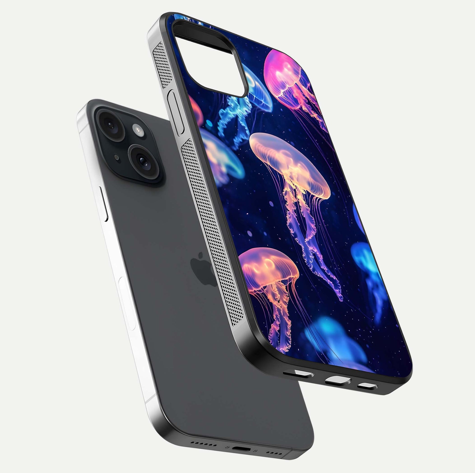 Jellyfish Pattern Glass Case for iPhone 15 floating dual-view mockup showing gloss texture and oceanic depth
