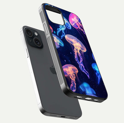 Jellyfish Pattern Glass Case for iPhone 15 floating dual-view mockup showing gloss texture and oceanic depth