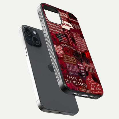 Jesus Love Heals Glass Case for iPhone 15 floating dual-view mockup showing glossy shine and faith-inspired art