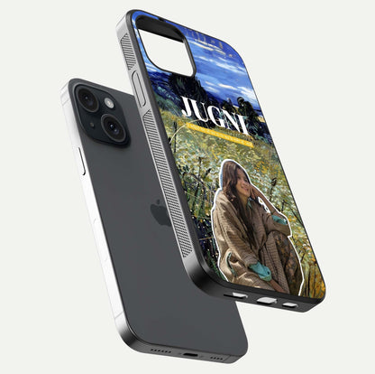 Jugni Soul Vibes Glass Case for iPhone 15 floating dual-view mockup showing gloss surface and vivid design style