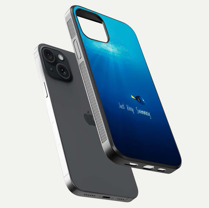 Just Keep Swimming Glass Case for iPhone 15 floating dual-view mockup showing gloss brightness and wave motif