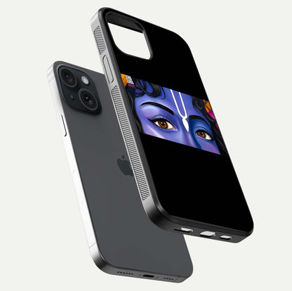 Krishna Eye Glass Case for iPhone 15 floating dual-view mockup showing gloss surface and divine art depth