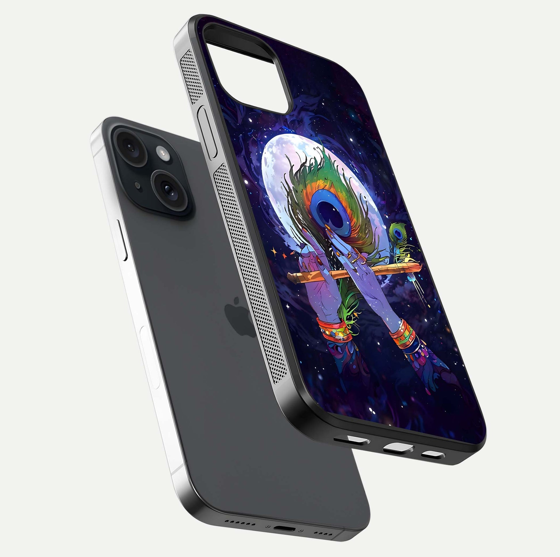 Krishna Hands Art Glass Case for iPhone 15 floating dual-view mockup showing premium gloss reflection