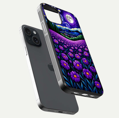 Lavender Moon Field Glass Case for iPhone 15 floating dual-view mockup showing gloss surface and floral glow