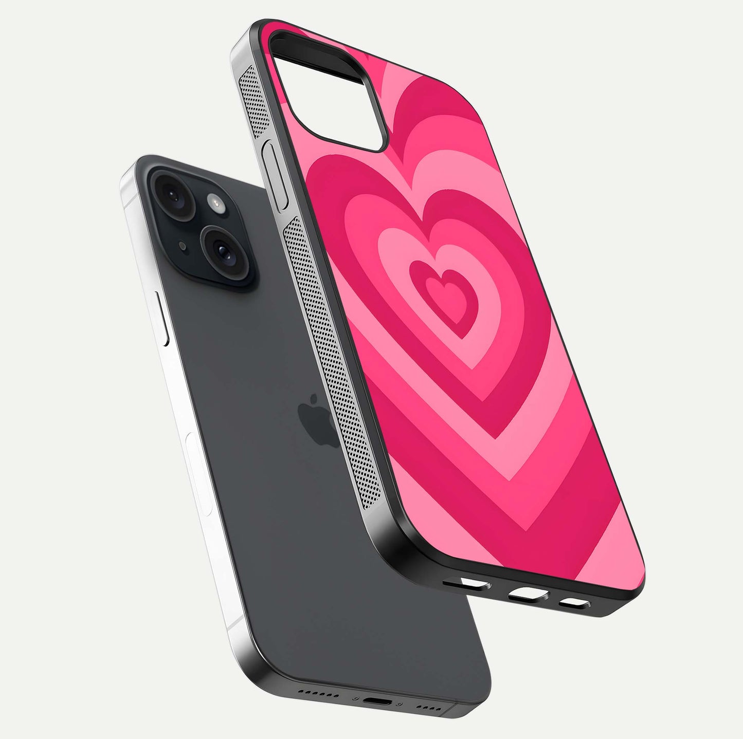 Layered Love Hearts iPhone 15  glass phone case floating view emphasizing glossy surface and layered heart details