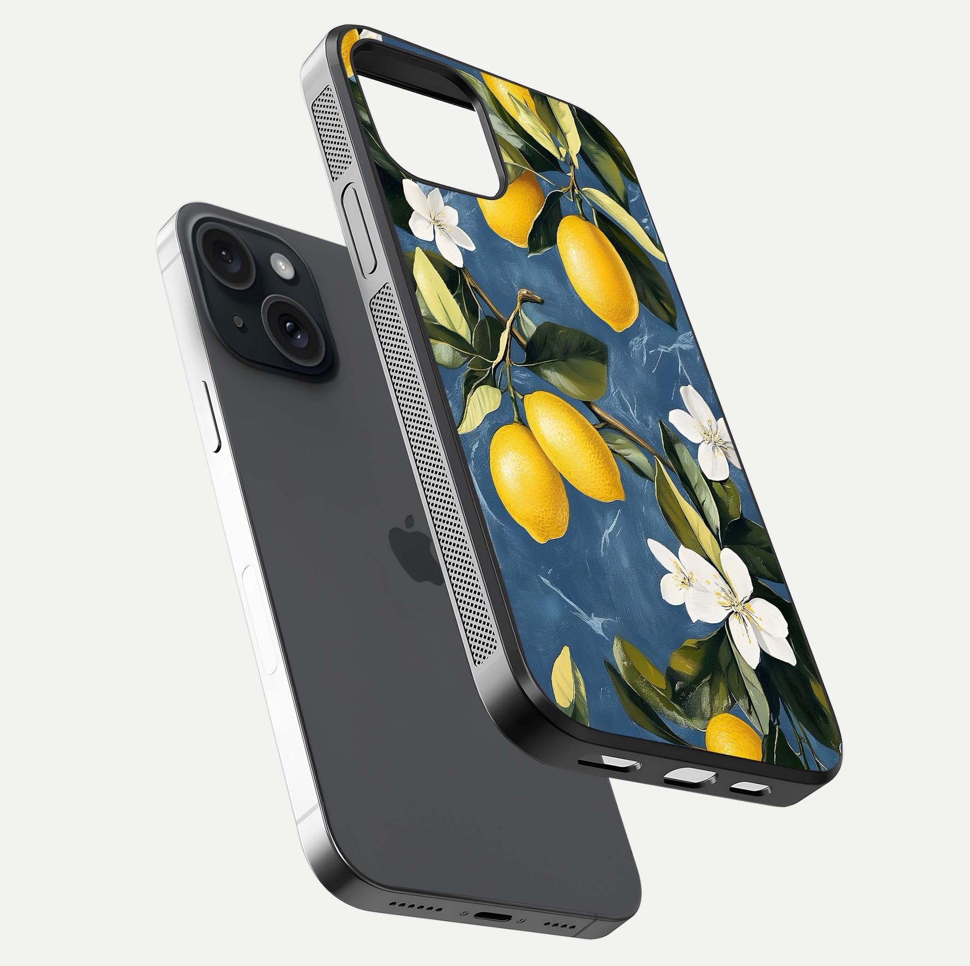 Lemon Dream Garden Glass Case for iPhone 15 floating dual-view mockup showing gloss brightness and vivid yellow print
