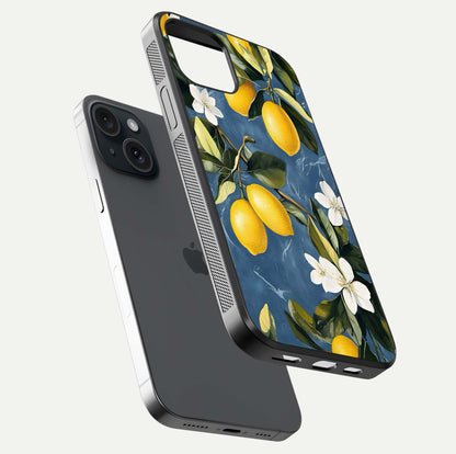 Lemon Dream Garden Glass Case for iPhone 15 floating dual-view mockup showing gloss brightness and vivid yellow print