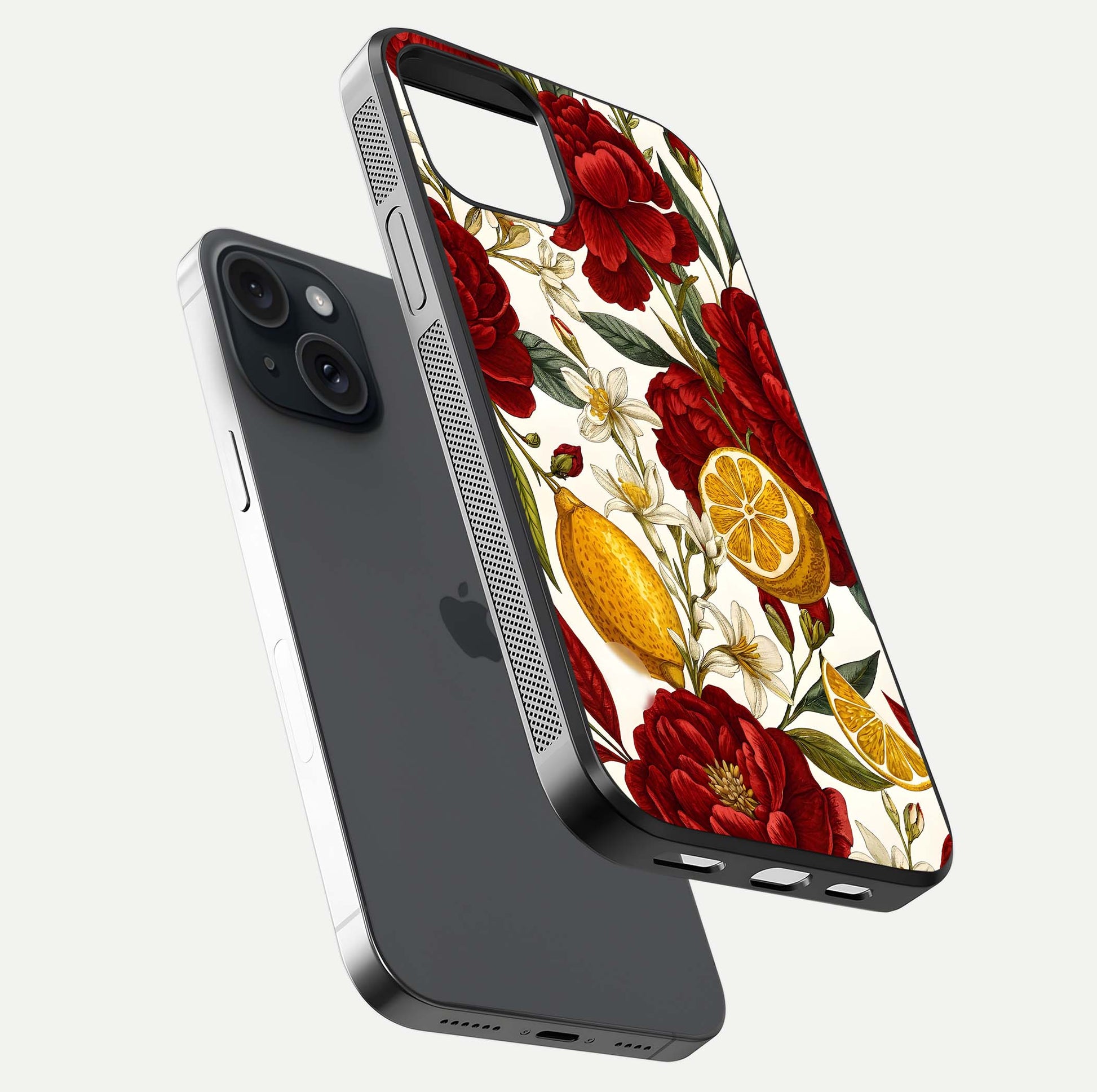 Lemon Rose Charm Glass Case for iPhone 15 floating dual-view mockup showing gloss polish and floral gradient