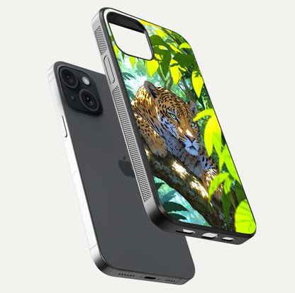 Leopard in Jungle Glass Case for iPhone 15 floating dual-view mockup showing gloss finish and HD wild pattern