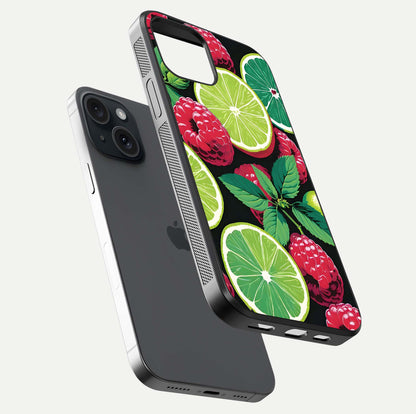 Lime and Raspberry Pattern Glass Case for iPhone 15 floating dual-view showing HD gloss and vivid print