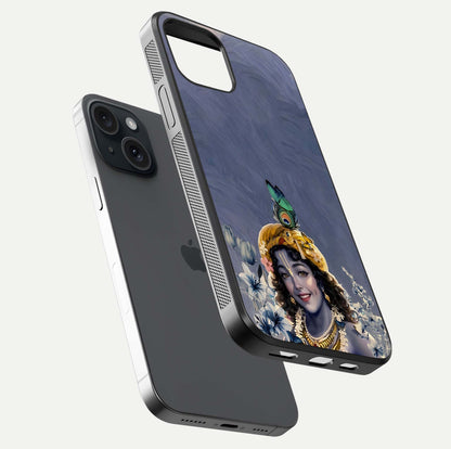 Lord Krishna Glass Case for iPhone 15 floating dual-view showing glossy shine and divine artistic pattern