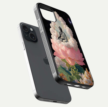 Lotus Divine Peace Glass Case for iPhone 15 floating dual-view mockup with glass glow and spiritual calm art