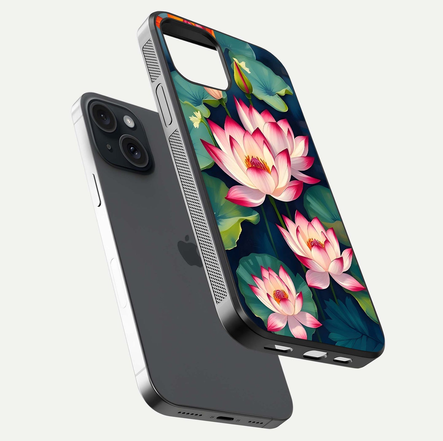 Lotus Dream Serenity Glass Case for iPhone 15 floating dual-view mockup highlighting HD gloss glow