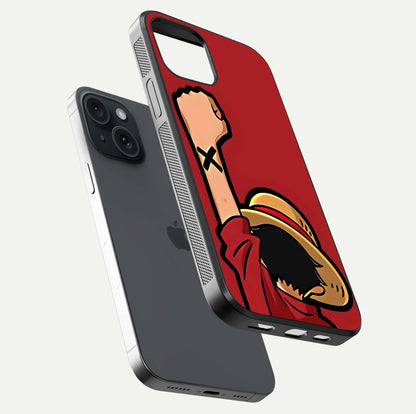 Luffy X Spirit Glass Case for iPhone 15 floating dual-view mockup showing gloss polish and vibrant color depth