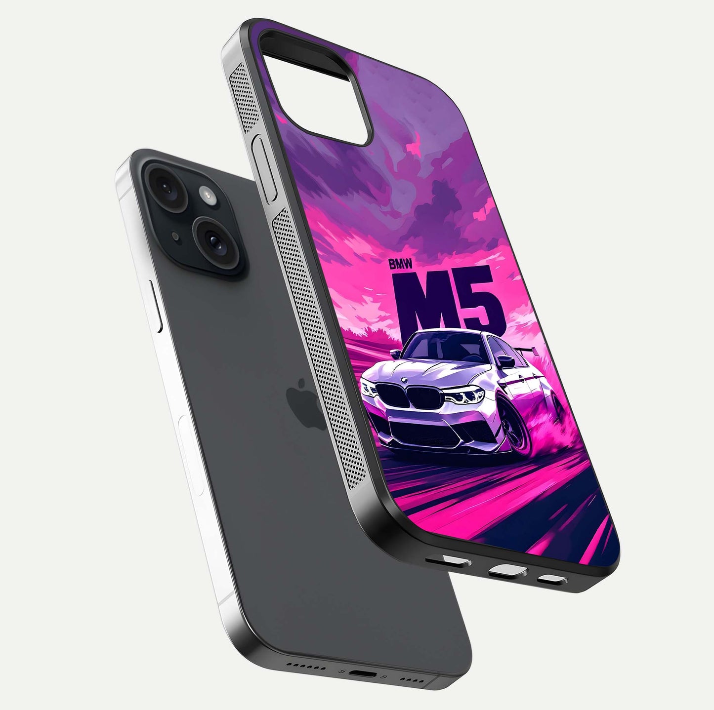 MS Neon Car Glass Case for iPhone 15 floating dual-view mockup showing HD gloss and electric color tones