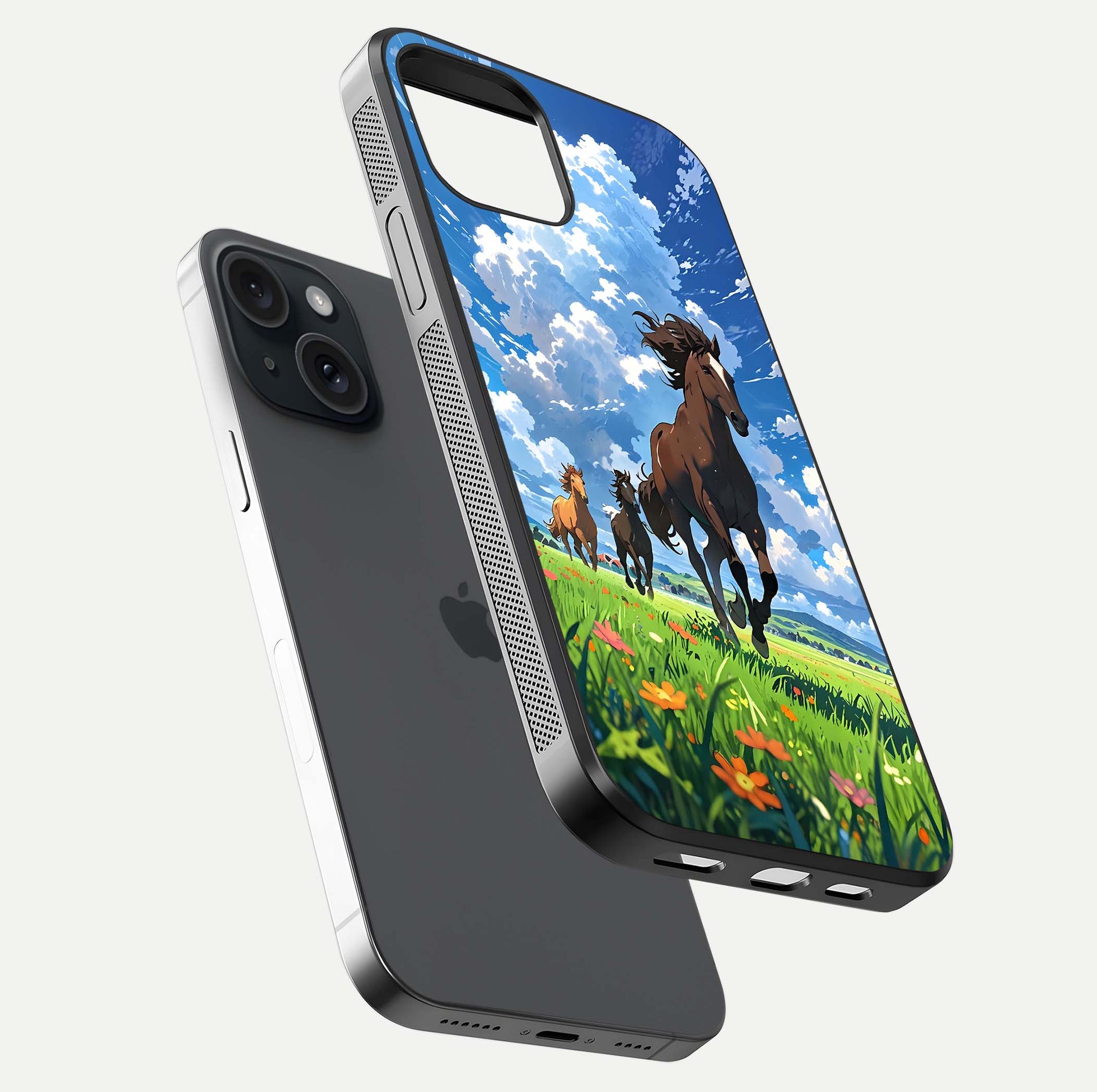 Majestic Horses Galloping Glass Case for iPhone 15 floating dual-view mockup showing gloss texture and vivid tones