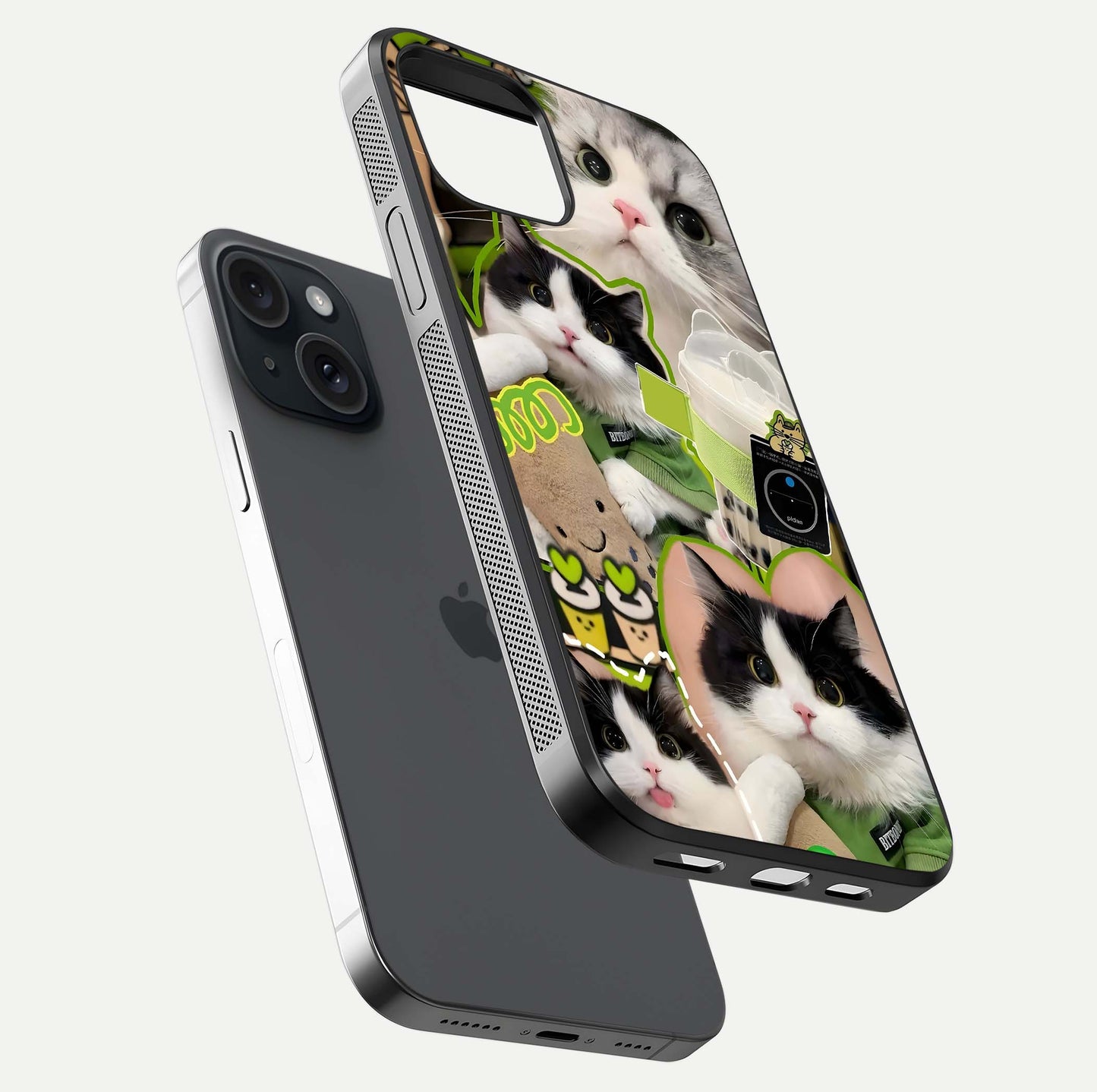 Matcha Cats Mood Glass Case for iPhone 15 floating dual-view mockup showing HD gloss surface and soft tones