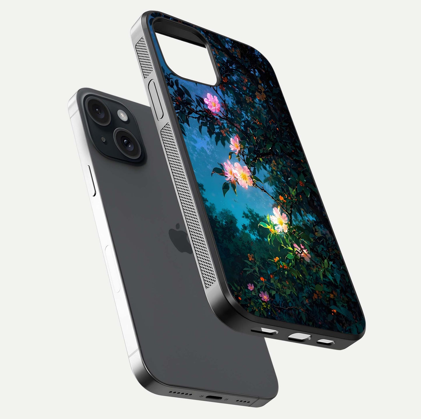 Midnight Bloom Glow Glass Case for iPhone 15 floating dual-view mockup showing HD gloss and floral contrast